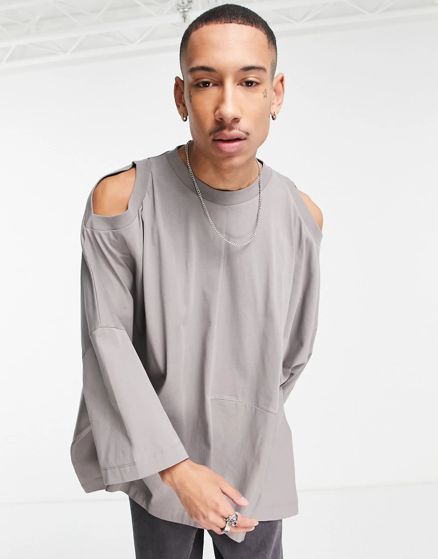 ASOS DESIGN – Oversize-T-Shirt in Grau mit vernähten Einsätzen und Aussparu günstig online kaufen