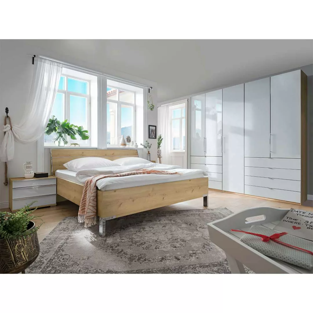 Schlafzimmer Set in Weiß mit Glas beschichtet Eiche Bianco (vierteilig) günstig online kaufen