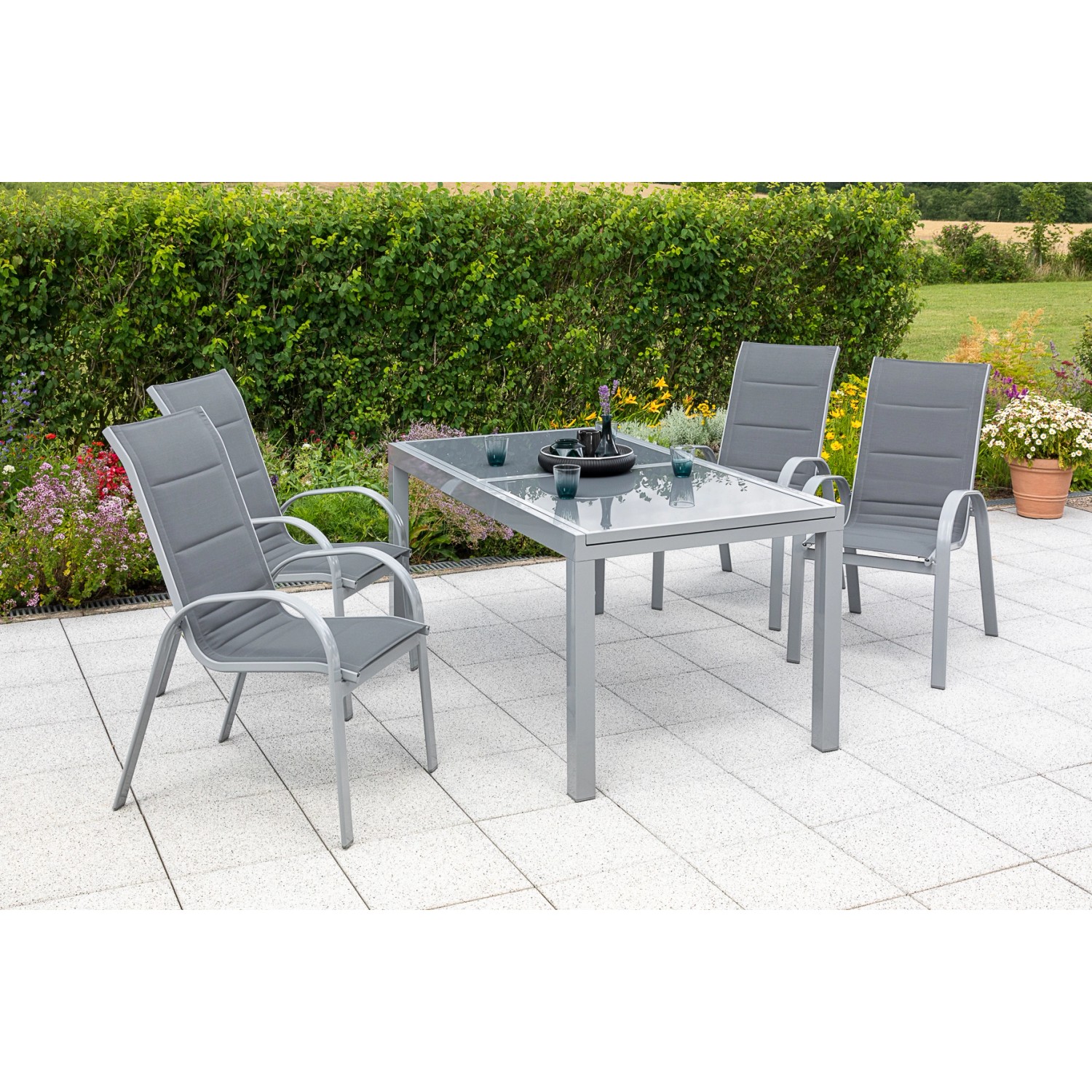 Merxx Amalfi Set 5-tlg. 4 Stapelsessel Gartentisch 140 (200) x 90 cm Grau günstig online kaufen