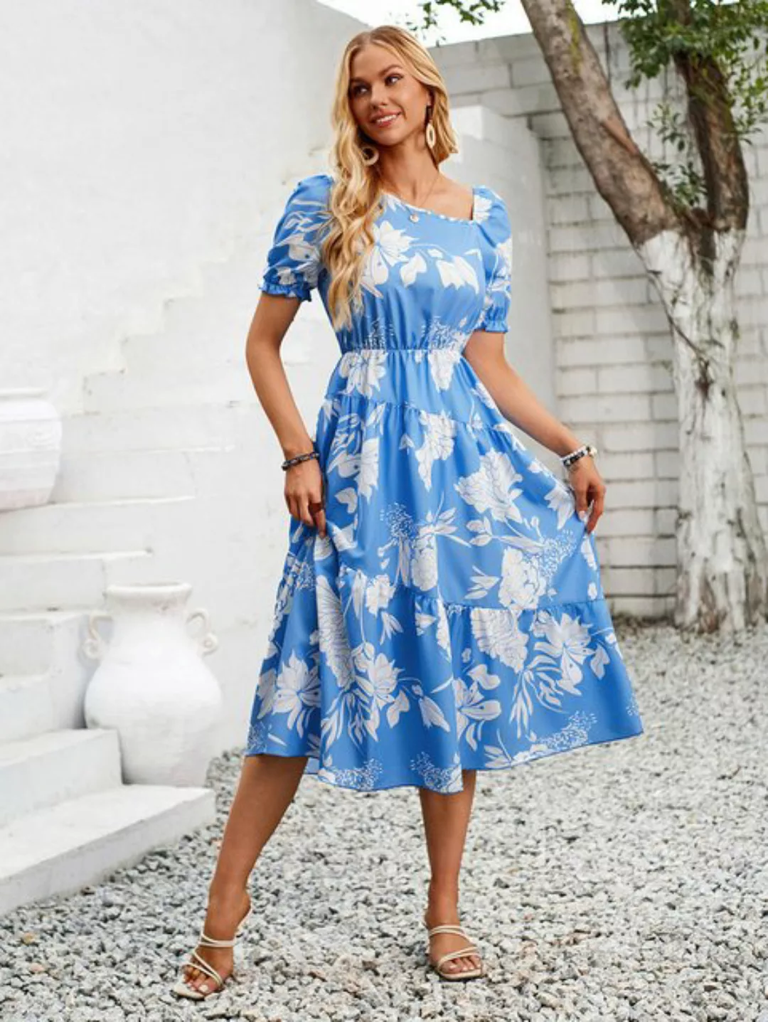 BlauWave Blusenkleid Modisches Kleid mit schrägem Ausschnitt und Blumendruc günstig online kaufen