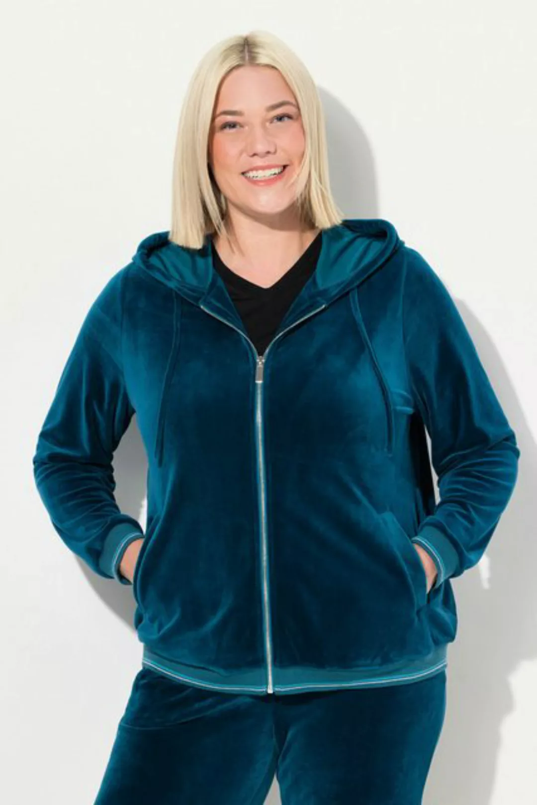 Ulla Popken Sweatjacke Samt-Sweatjacke Blüte Kapuze günstig online kaufen