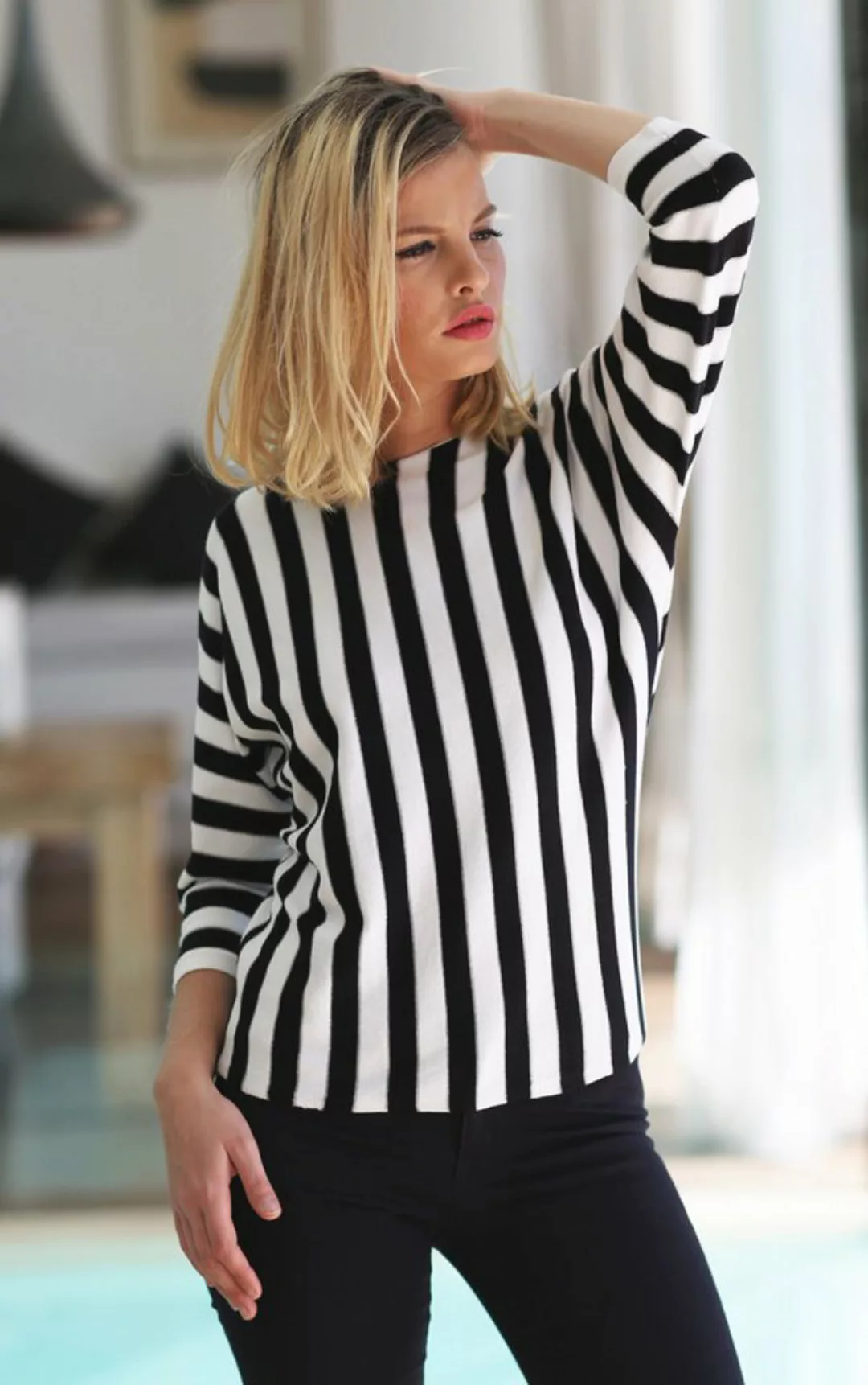 Passioni 3/4 Arm-Pullover Sommerpullover in Schwarz weiß gestreift mit Lure günstig online kaufen