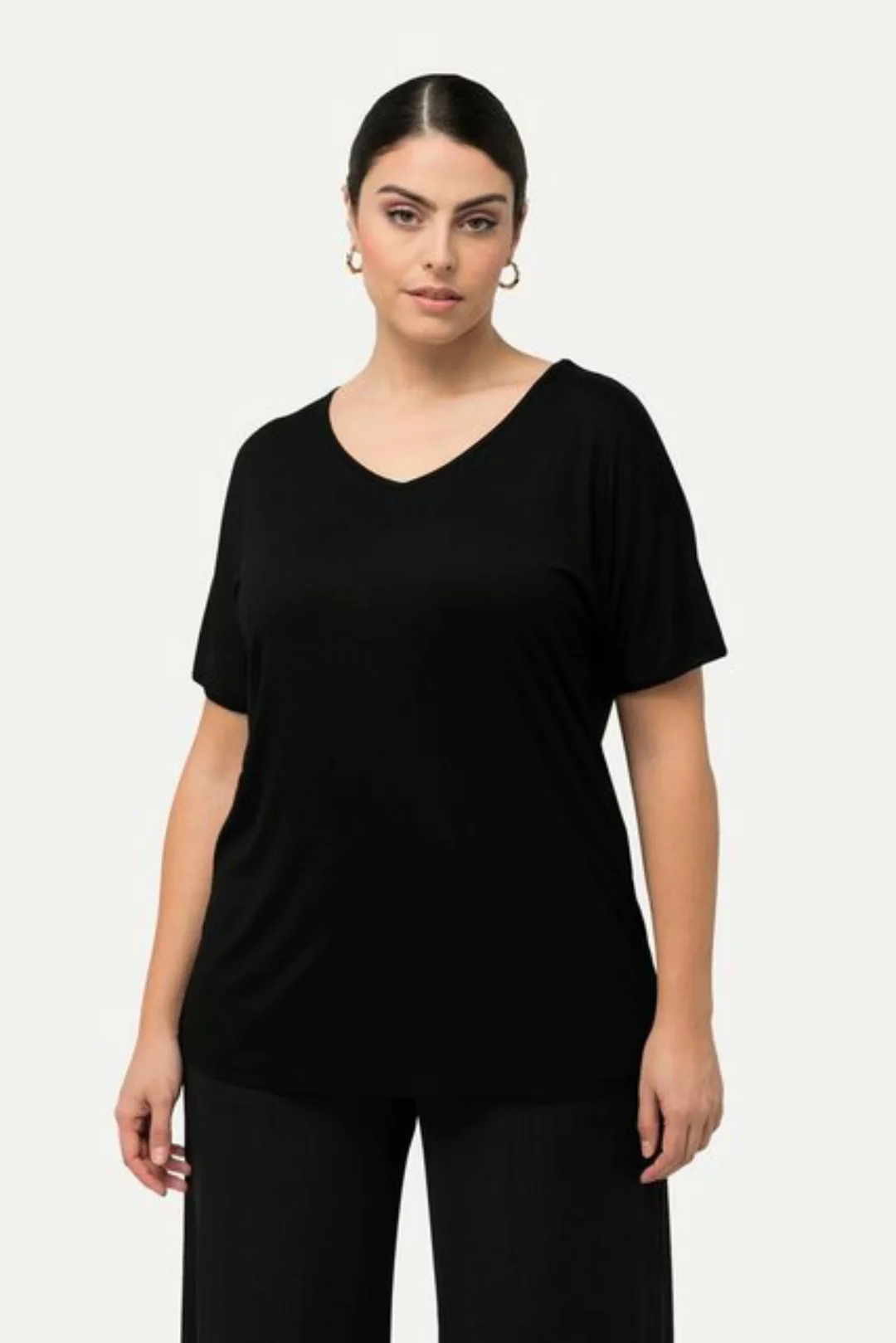 Ulla Popken Rundhalsshirt T-Shirt Rücken-Cut-Out Zierringe V-Ausschnitt günstig online kaufen