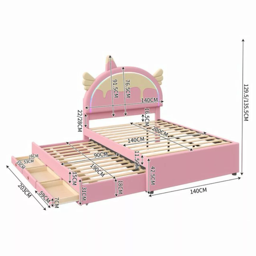 HAUSS SPLOE Kinderbett 140 x 200cm Einhornform, mit ausziehbares Rollbett, günstig online kaufen