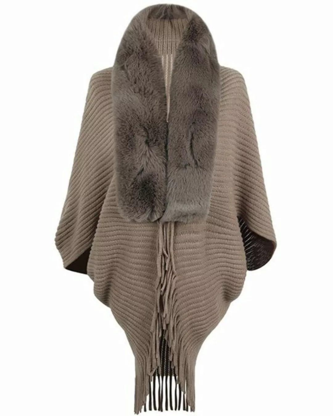 Rouemi Cape Damen Haar Kragen Fransen cape, gestrickt warmen Poncho Mantel günstig online kaufen