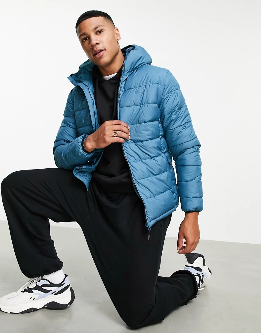 Pull&Bear – Leichte Pufferjacke in Marine mit Kapuze-Marineblau günstig online kaufen