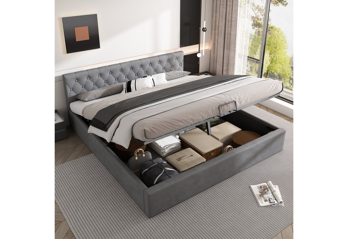 MODFU Polsterbett Doppelbett Holz Bett Funktionsbett Holzbett ohne Matratze günstig online kaufen
