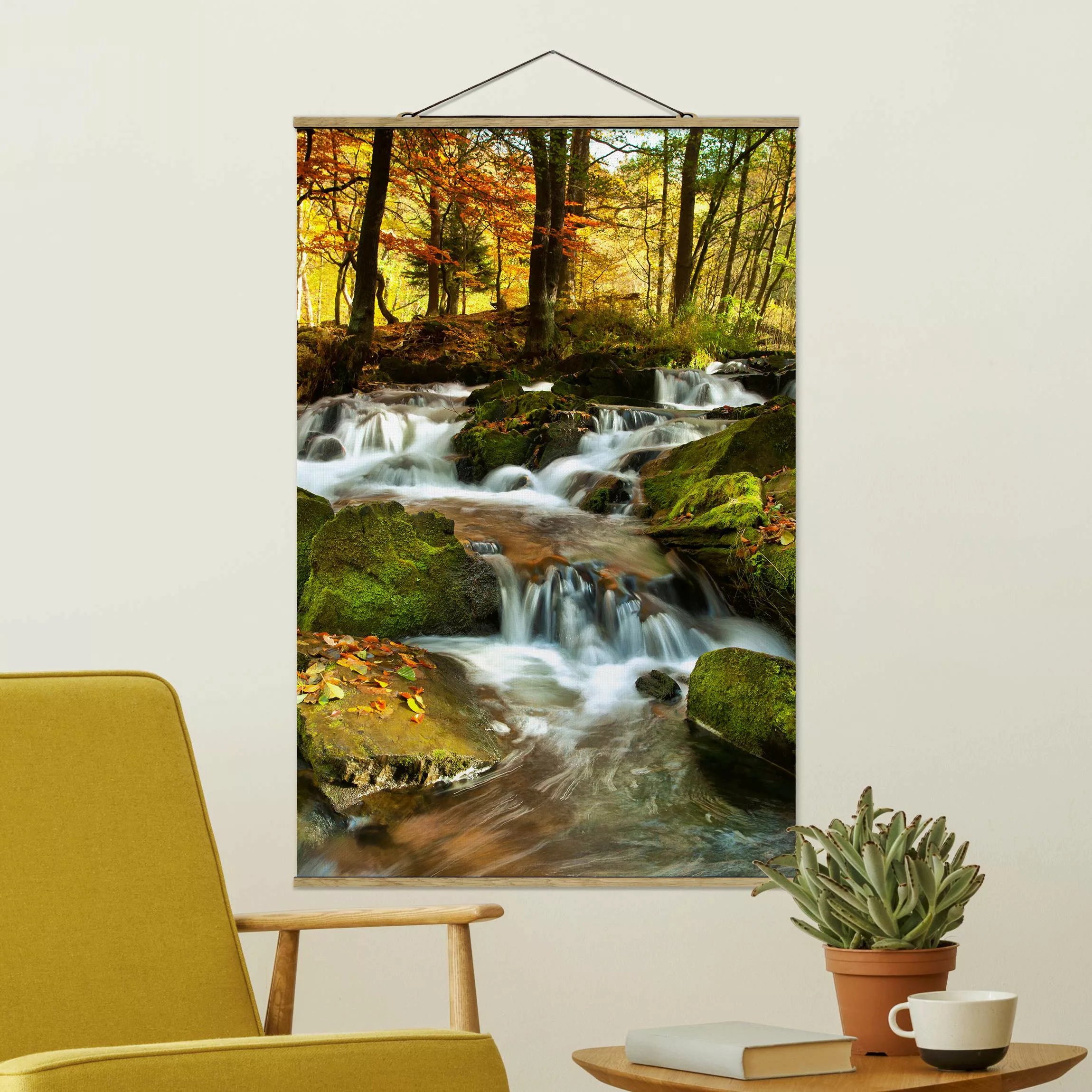 Stoffbild Wald mit Posterleisten - Hochformat Wasserfall herbstlicher Wald günstig online kaufen