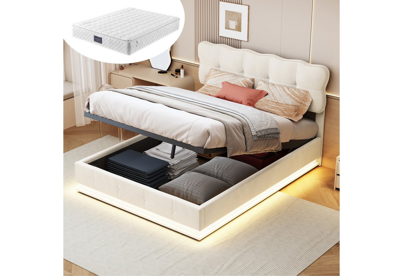 Furnishings Home Polsterbett Stauraumbett Doppelbett LED + Bettkasten (1 tl günstig online kaufen