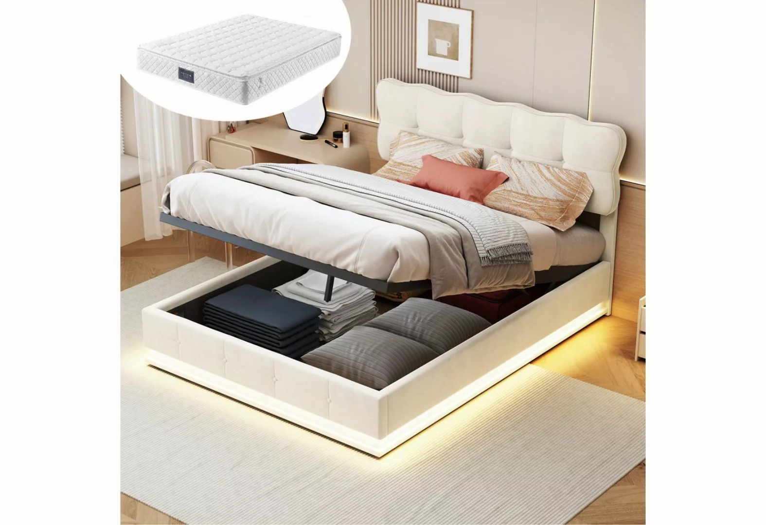 Furnishings Home Polsterbett Stauraumbett Doppelbett LED + Bettkasten (1 tl günstig online kaufen