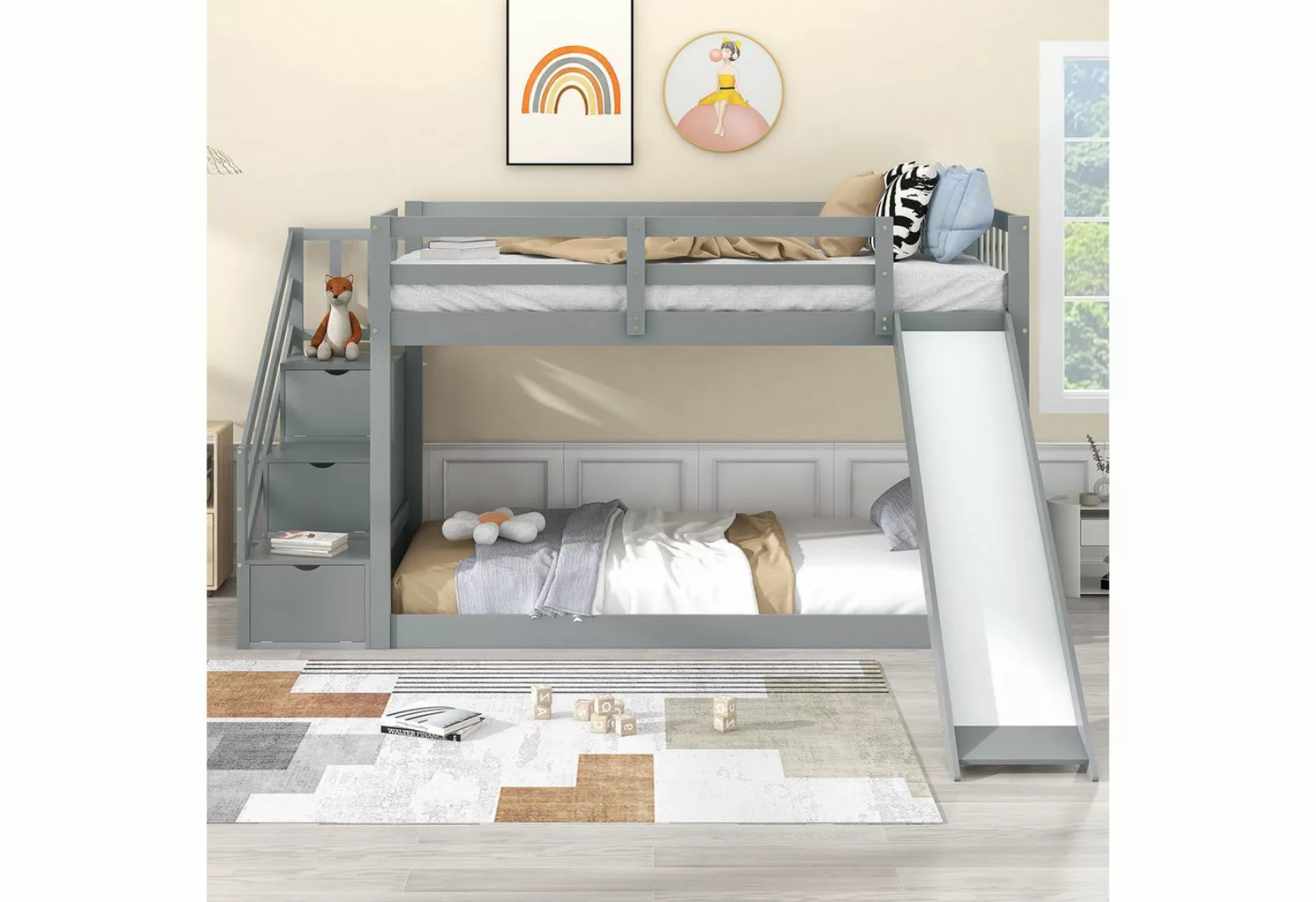 SOFTWEARY Etagenbett mit 2 Liegeflächen, Lattenrost und Rutsche (90x200 cm) günstig online kaufen