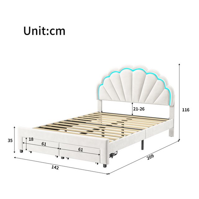 FUROKOY Polsterbett Kinderbett Jugendbett Mit Schubladen und LED-Beleuchtun günstig online kaufen