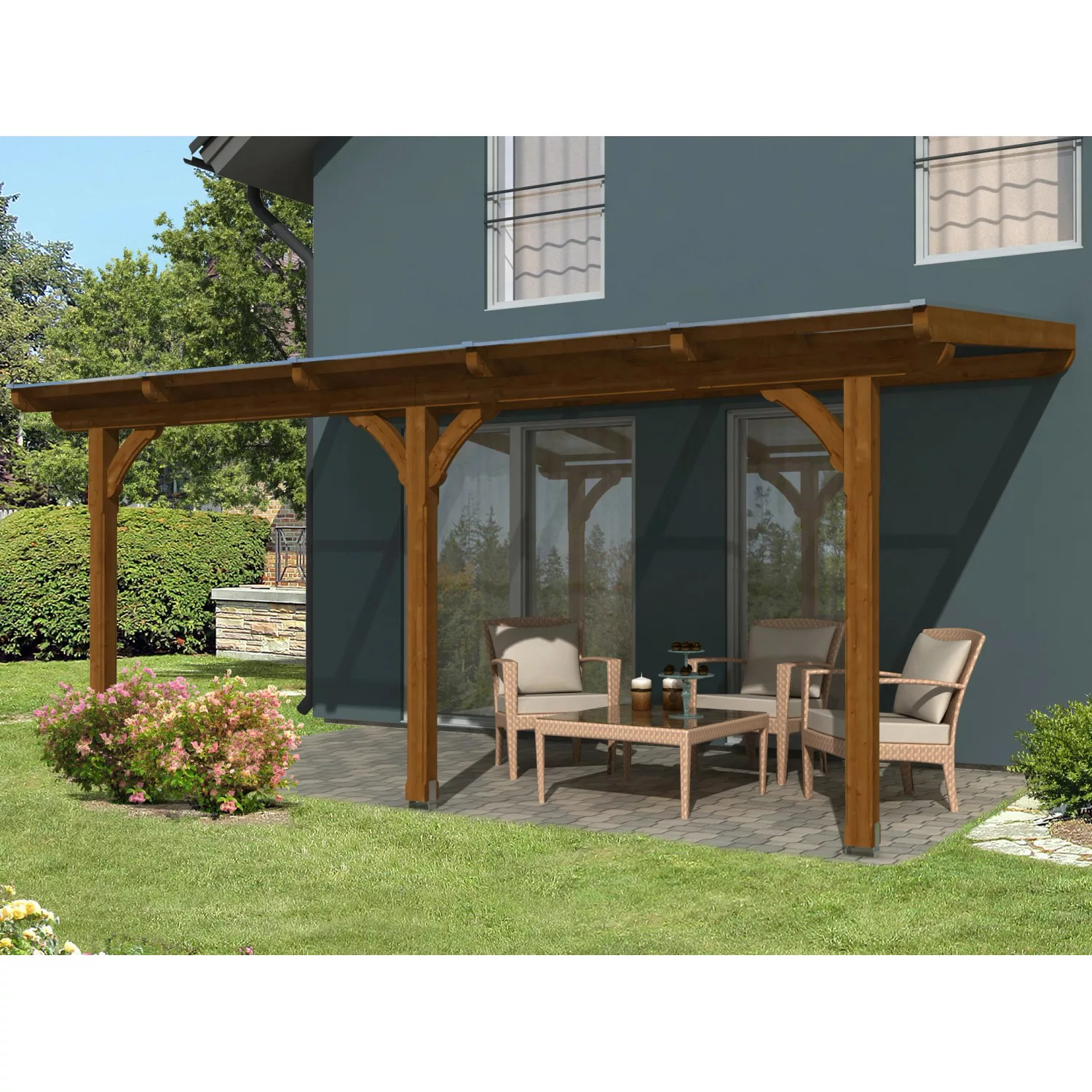Skan Holz Terrassenüberdachung Rimini 541 x 300 cm Douglasie Nussbaum günstig online kaufen