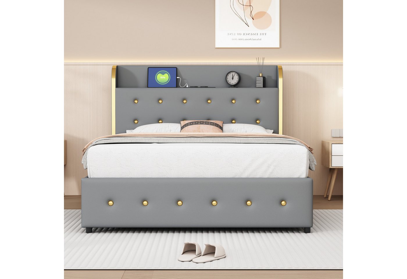 IDEASY Polsterbett Doppelbett, 140 x 200 cm, mit USB-Anschluss, mit 4 Schub günstig online kaufen