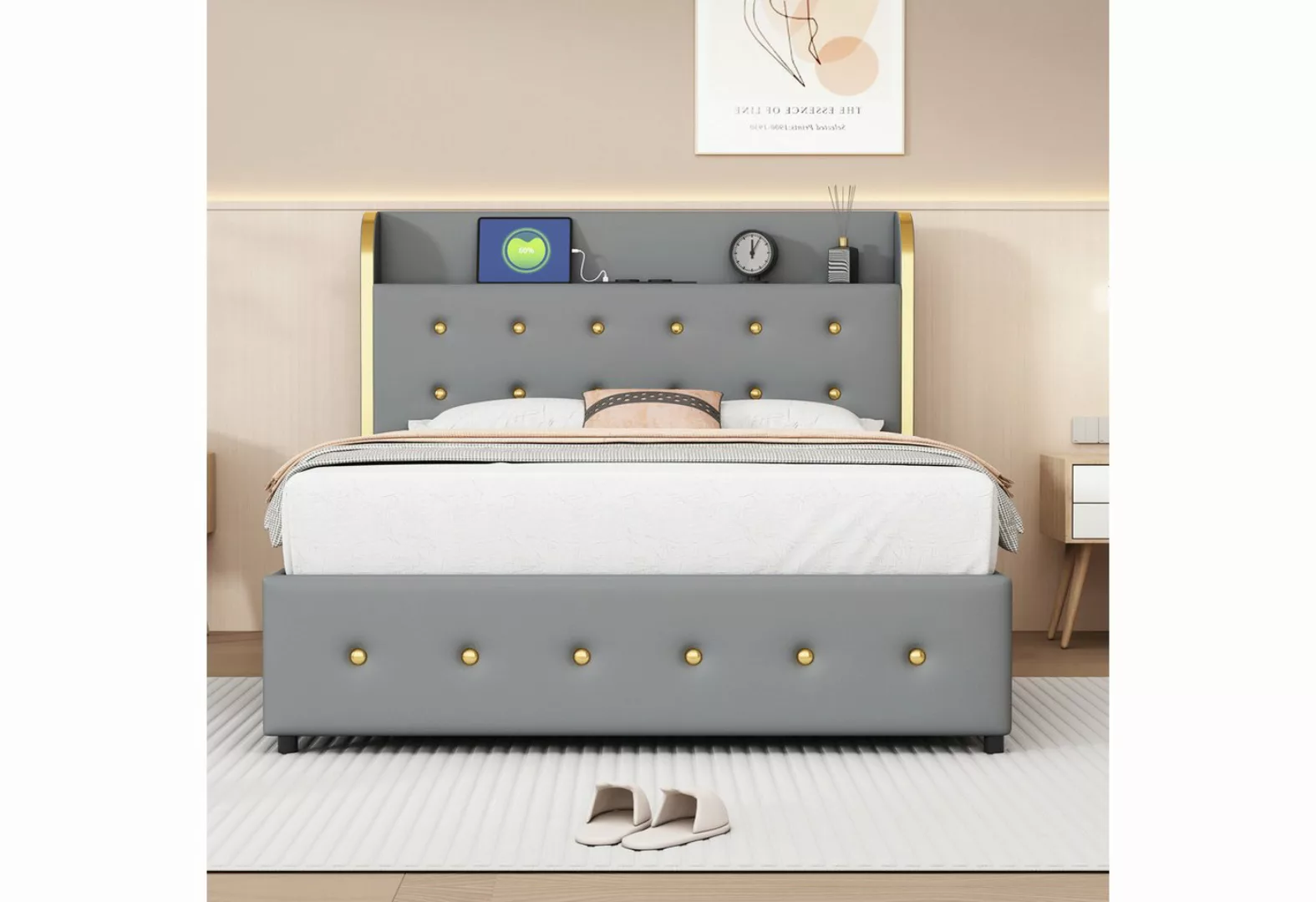 IDEASY Polsterbett Doppelbett, 140 x 200 cm, Kopfteil mit USB-Anschluss, Ku günstig online kaufen
