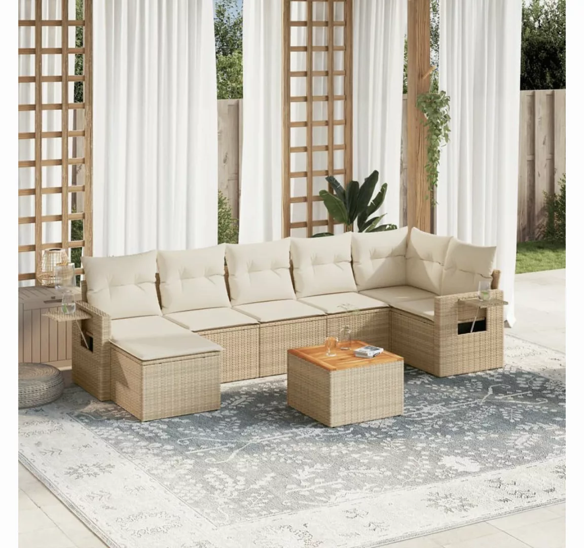 vidaXL Loungesofa 8-tlg. Garten-Sofagarnitur mit Kissen Beige Poly Rattan, günstig online kaufen