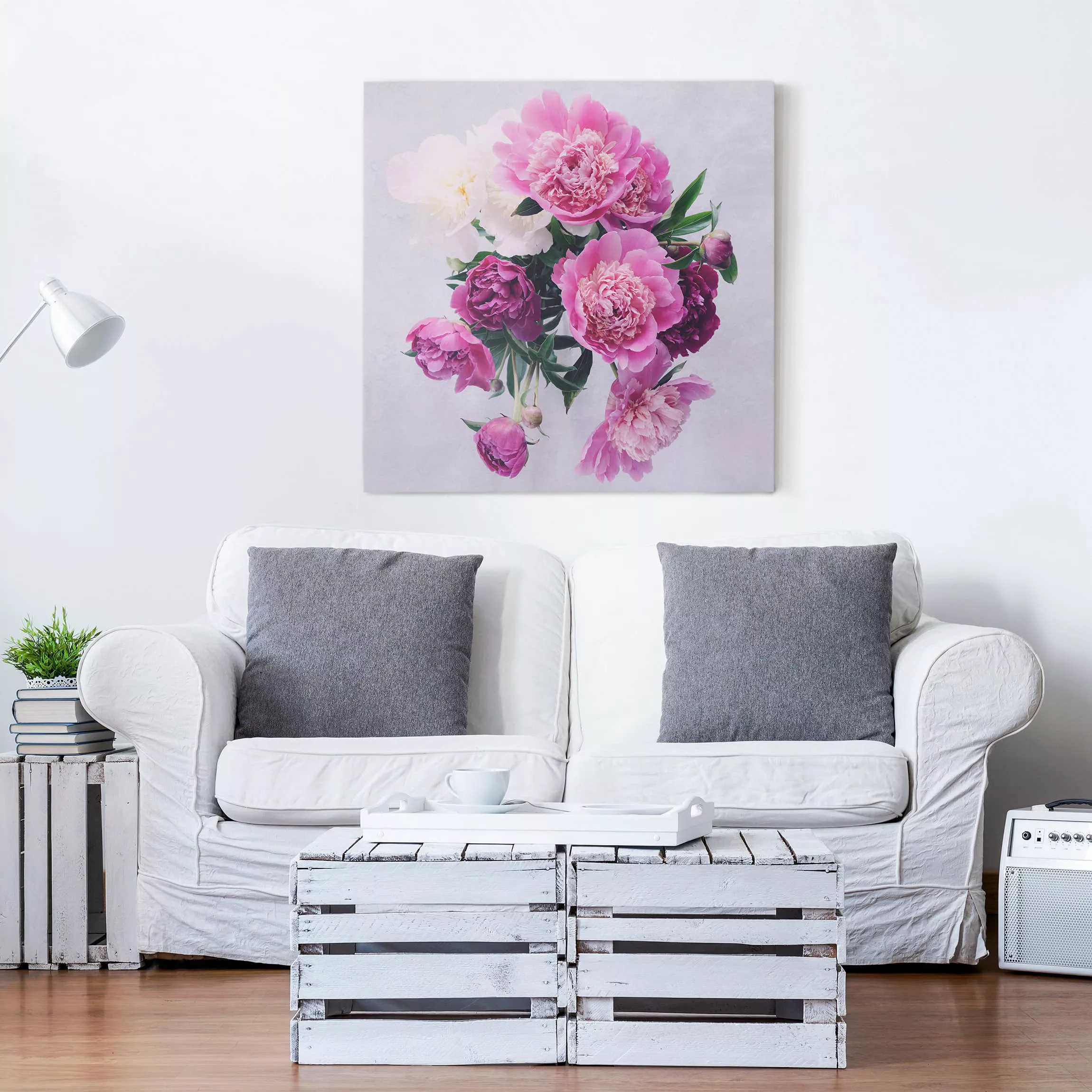 Leinwandbild Blumen - Quadrat Pfingstrosen Shabby Rosa Weiß günstig online kaufen