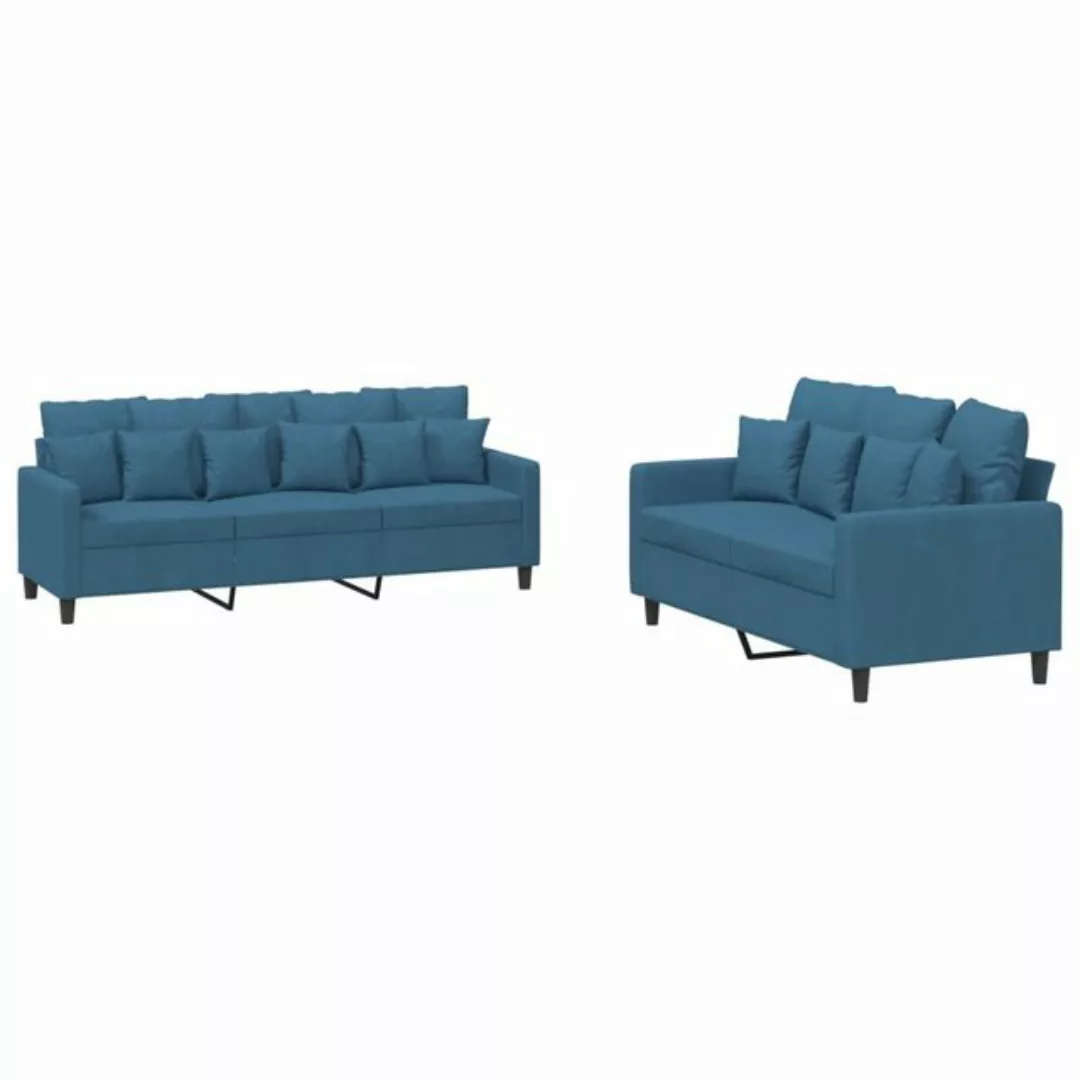 vidaXL Sofa, 2-tlg. Sofagarnitur mit Kissen Blau Samt günstig online kaufen