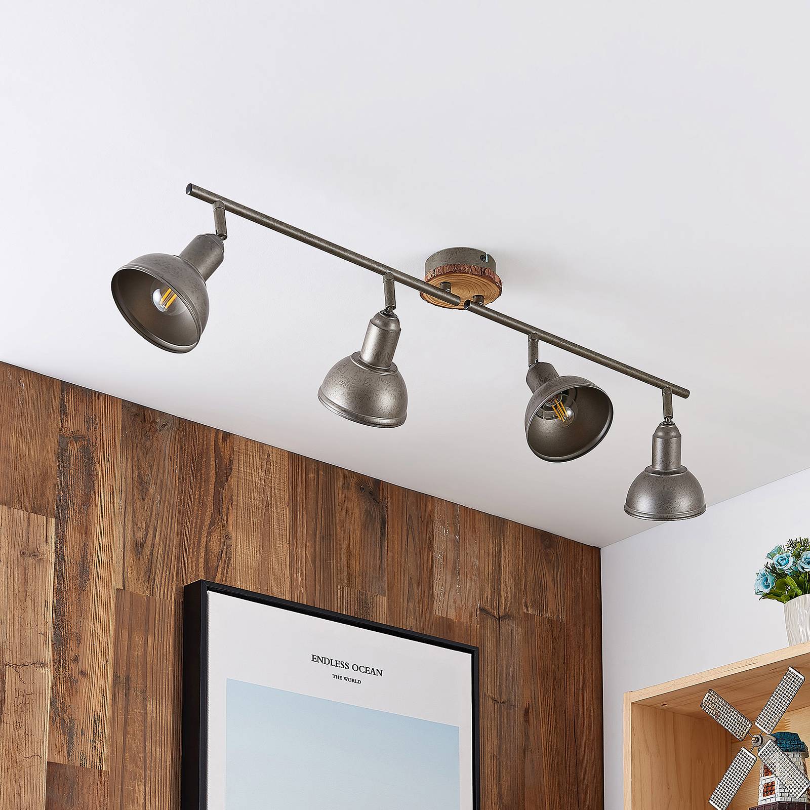Lindby Nesrin Deckenlampe mit Holzscheibe, 4-fl. günstig online kaufen