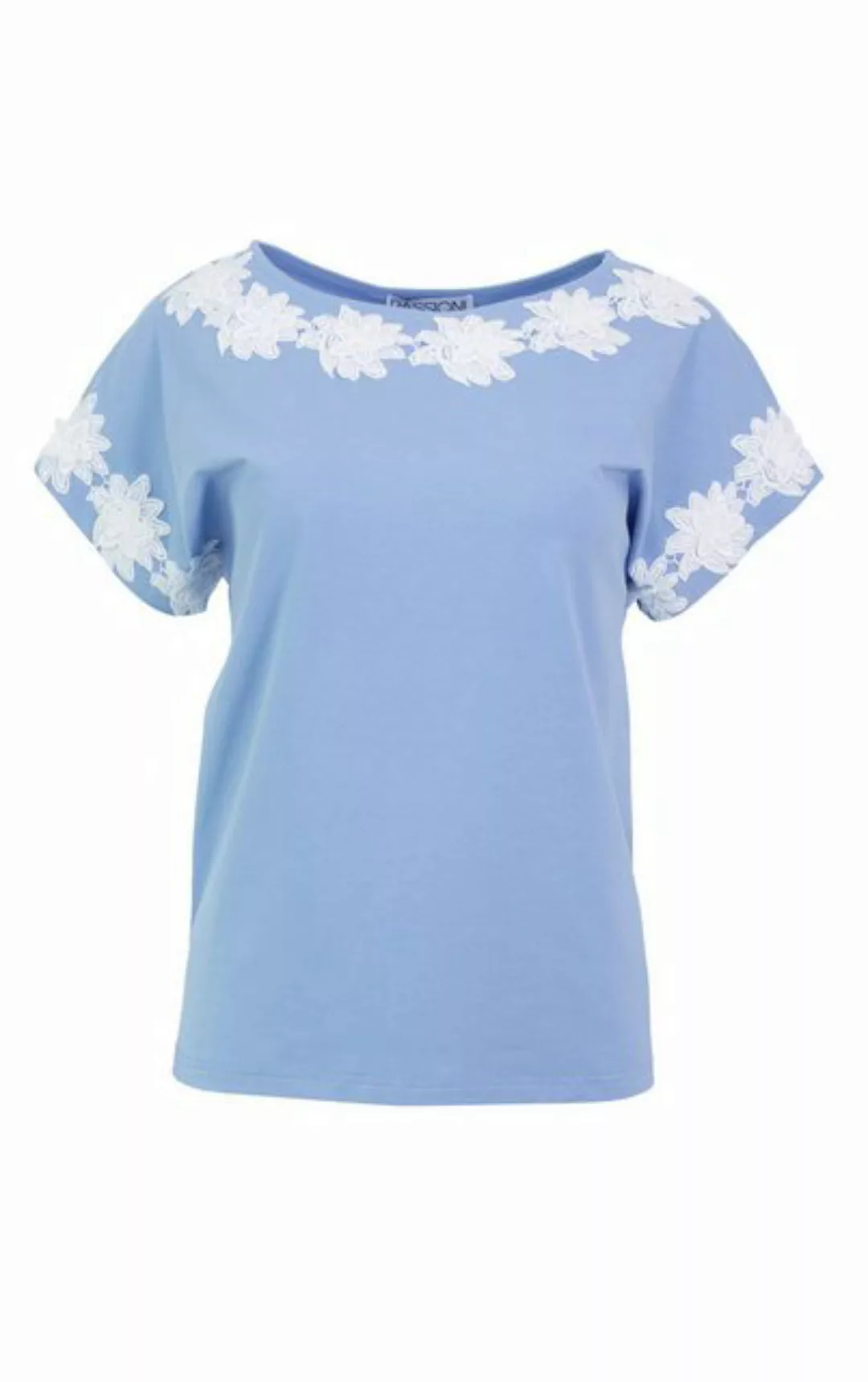 Passioni T-Shirt Sommershirt in Blau, mit floralen Spitzendetails günstig online kaufen