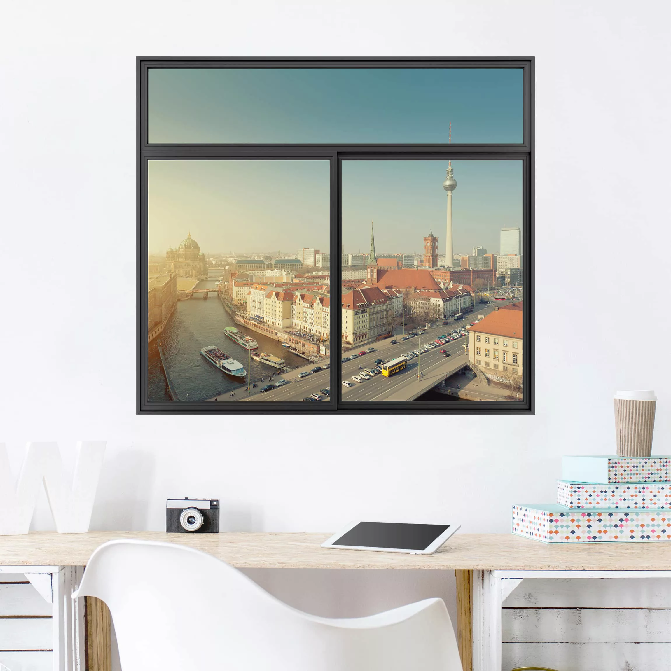 3D Wandtattoo Fenster Schwarz Berlin am Morgen günstig online kaufen