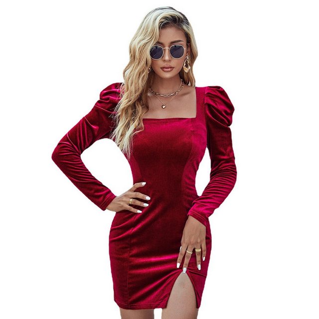 Gigicial Abendkleid Damen Samtkleid Langarm Elegant Cocktailkleid Hohe Tail günstig online kaufen