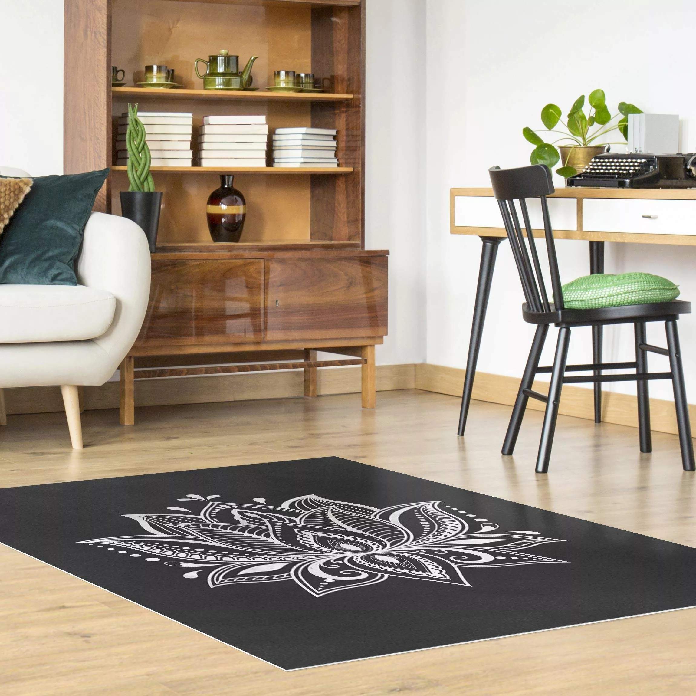 Vinyl-Teppich Lotus Illustration weiß schwarz günstig online kaufen