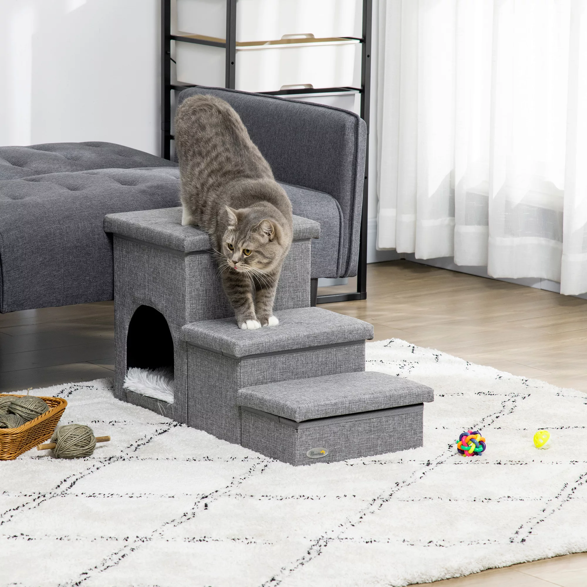 PawHut Hundetreppe  3-stufige Katzentreppe mit Höhle, Stauraum, Kissen, 3-i günstig online kaufen