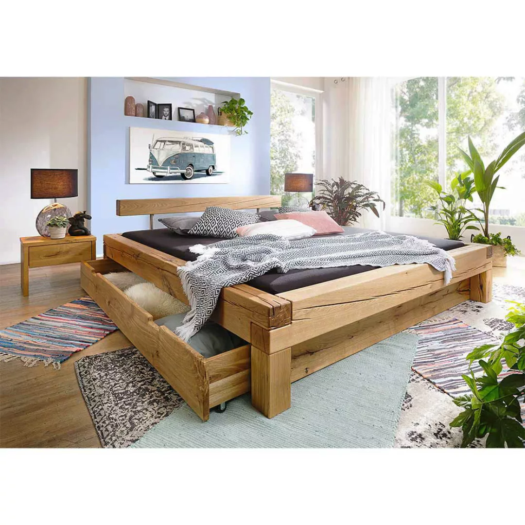 Balkenbett aus Wildeiche Massivholz rustikal (dreiteilig) günstig online kaufen