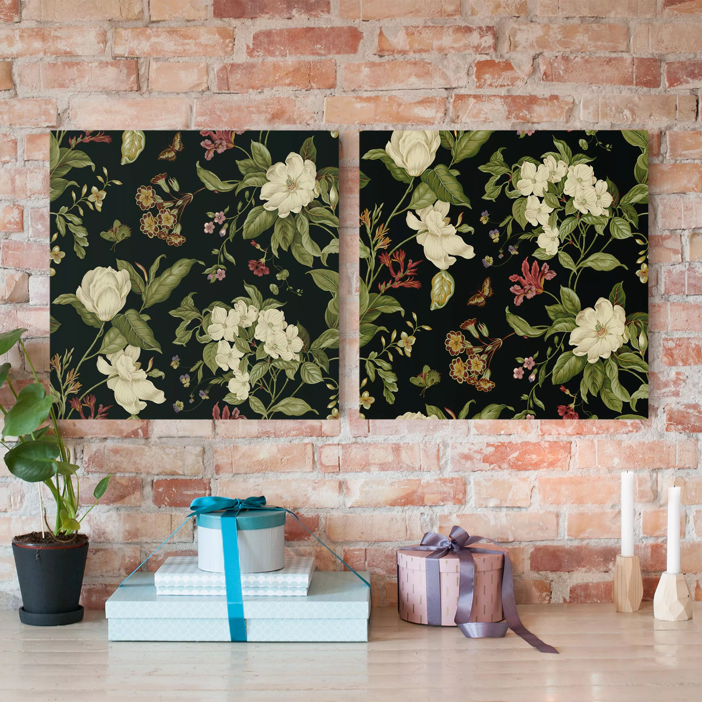2-teiliges Leinwandbild Blumen Gartenblumen auf Schwarz Set I günstig online kaufen
