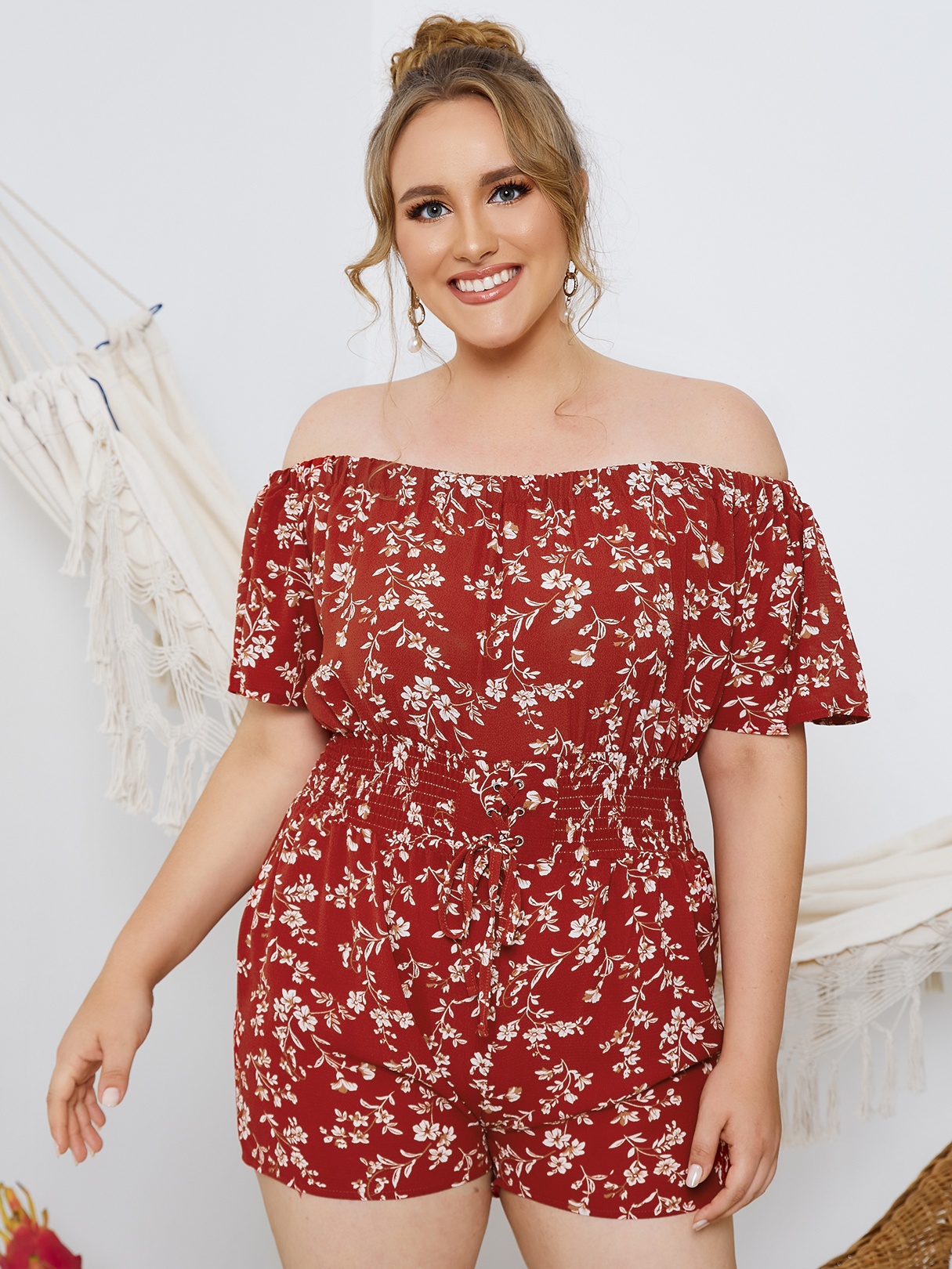 Plus Size Off The Shoulder Calico Lace-Up Design Kurzarm Playsuit günstig online kaufen