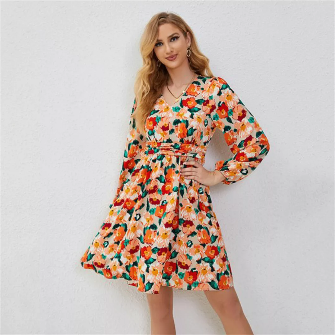 RUZU UG Satinkleid Damen Tunikakleid V-Ausschnitt Kleid Druckkleid Kleid Mi günstig online kaufen