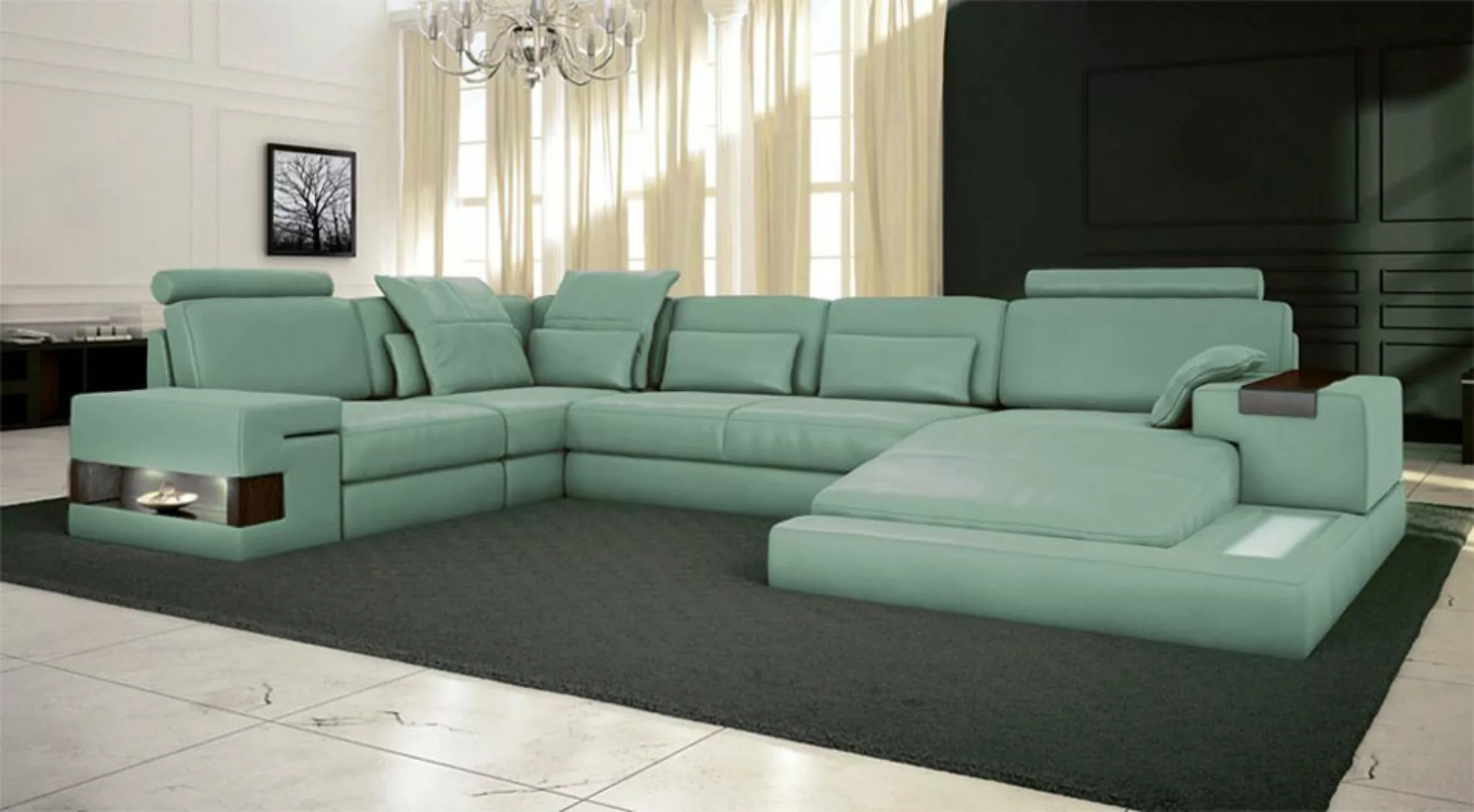 BULLHOFF Wohnlandschaft Leder Wohnlandschaft XXL Sofa U-Form Couch Grün LED günstig online kaufen
