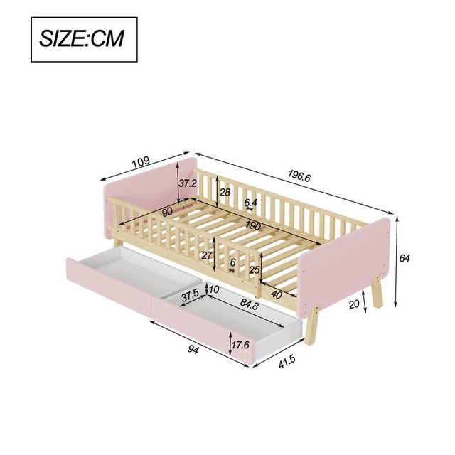 Flieks Kinderbett, Einzelbett Massivholzbett 90x190cm mit 2 Schubladen günstig online kaufen