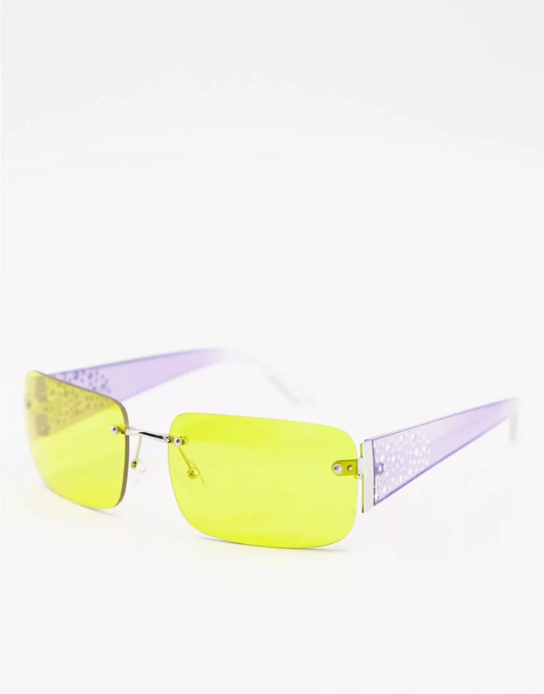 ASOS DESIGN – Rahmenlose, eckige Modebrille mit verziertem Bügel und gelben günstig online kaufen