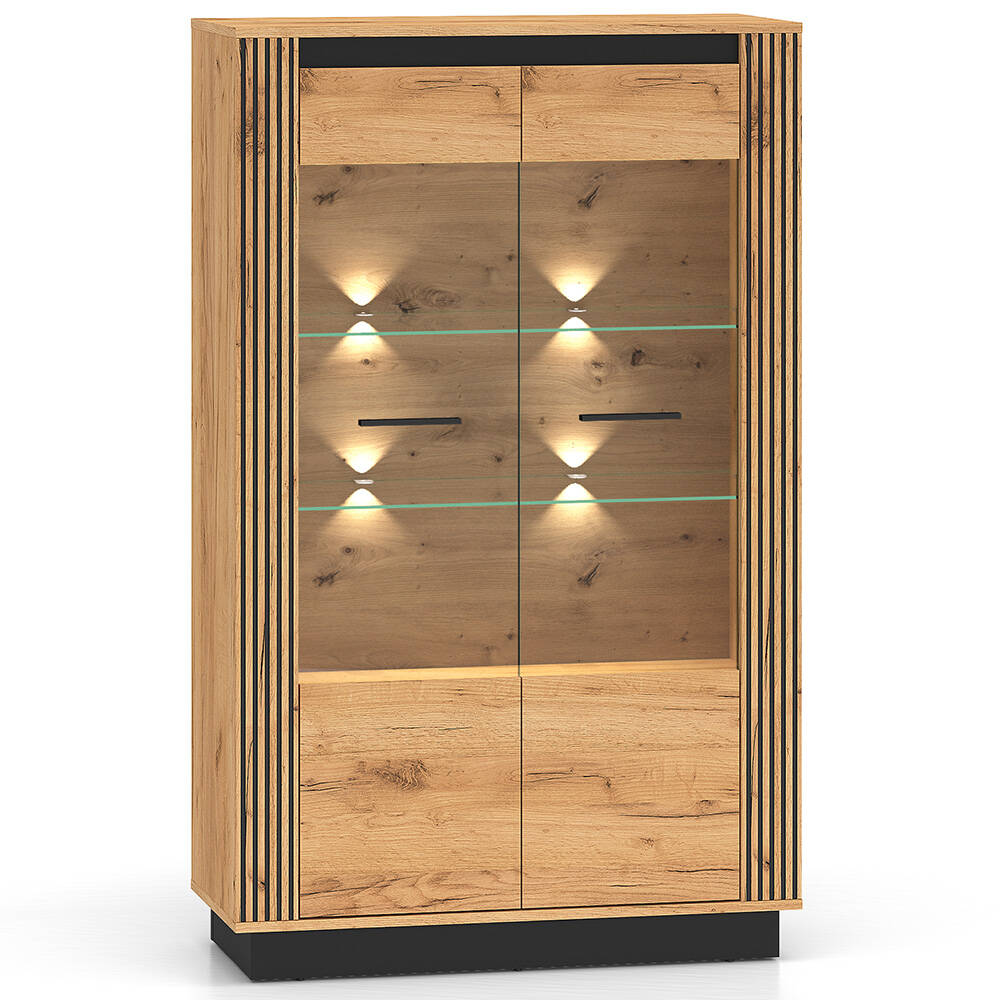 Vitrinenschrank 92 cm breit inkl. Beleuchtung modern in Eiche und schwarz U günstig online kaufen