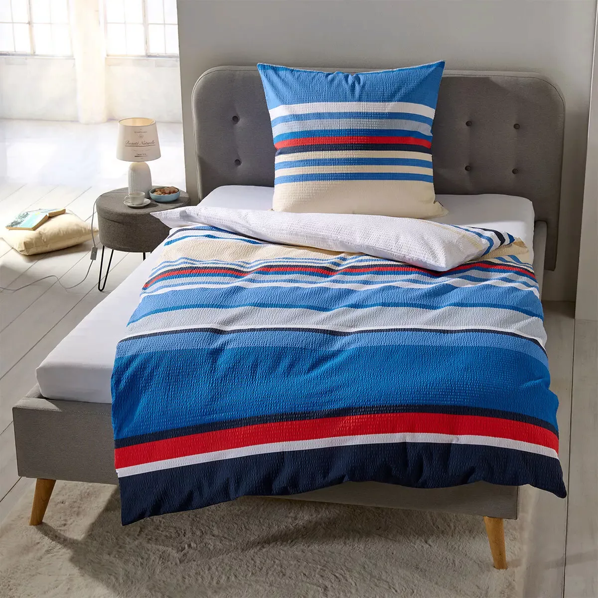 Traumschlaf Basic Seersucker Bettwäsche Streifen blau günstig online kaufen