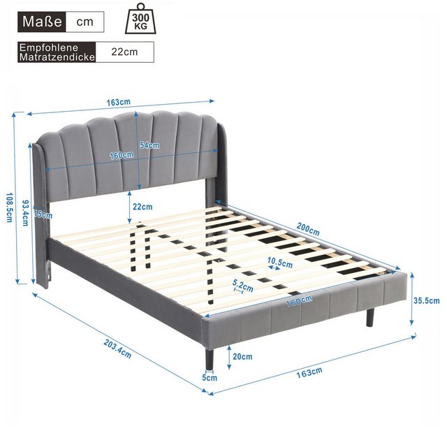 SeedWave Polsterbett Polsterbett aus Samt mit Sensor-LED-Licht, 140x200/160 günstig online kaufen