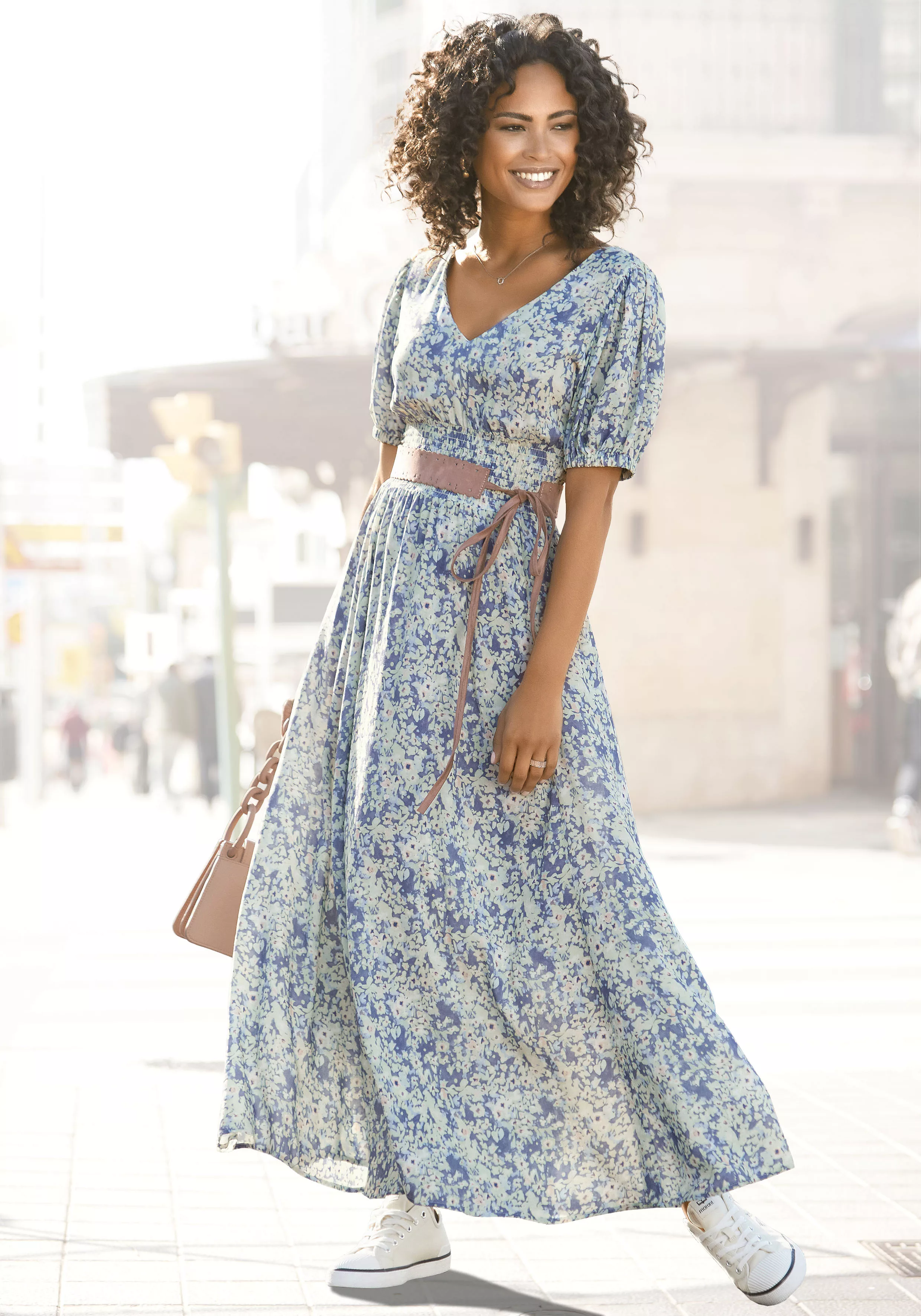 Buffalo Maxikleid mit zartem Blumendruck und V-Ausschnitt, Sommerkleid, Str günstig online kaufen