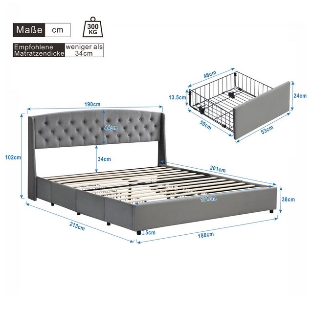 KoDise Polsterbett Doppelbett Bettgestell mit 4 Bettschubkästen, Kopfteil, günstig online kaufen