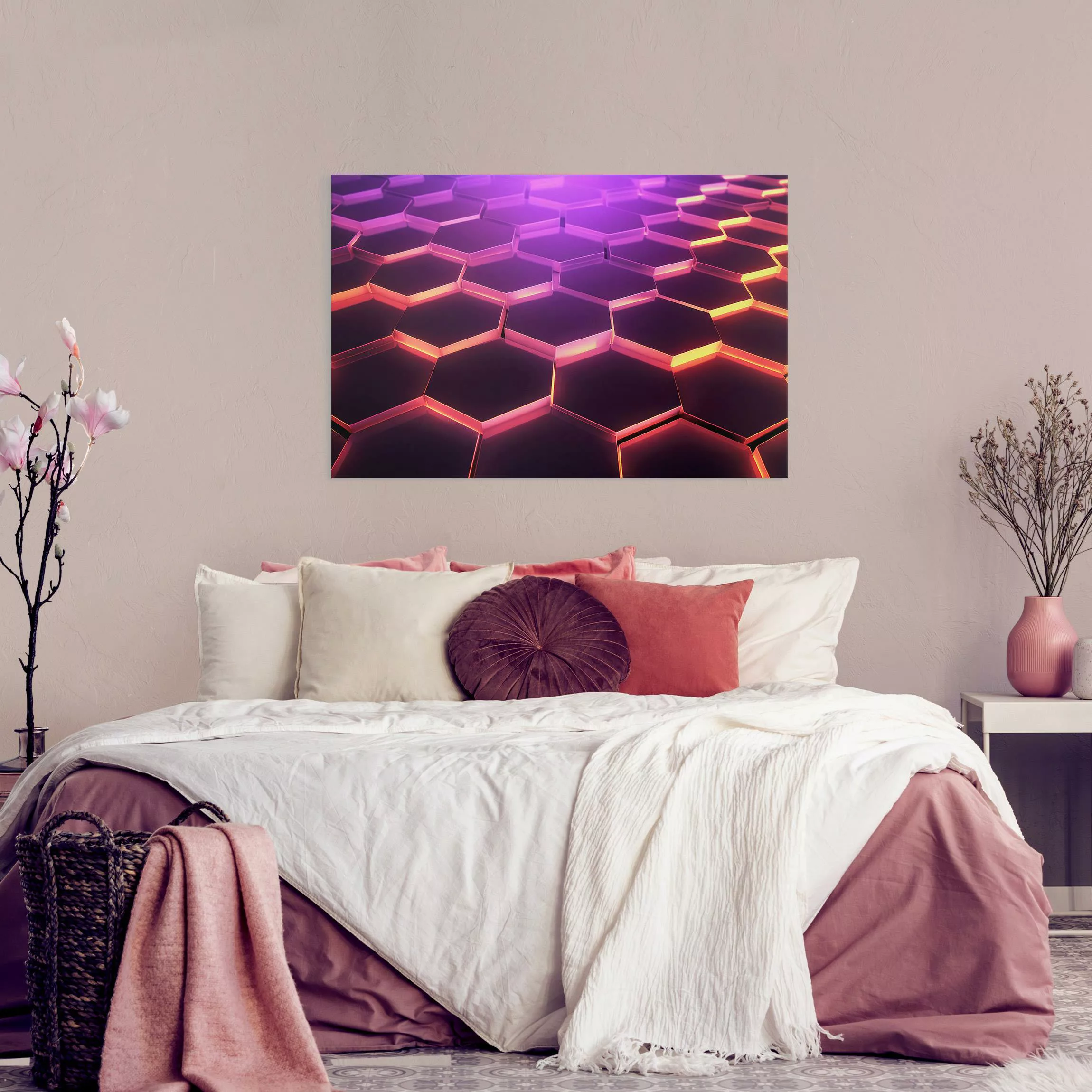 Leinwandbild Hexagone mit Neonlicht in Rosa und Lila günstig online kaufen