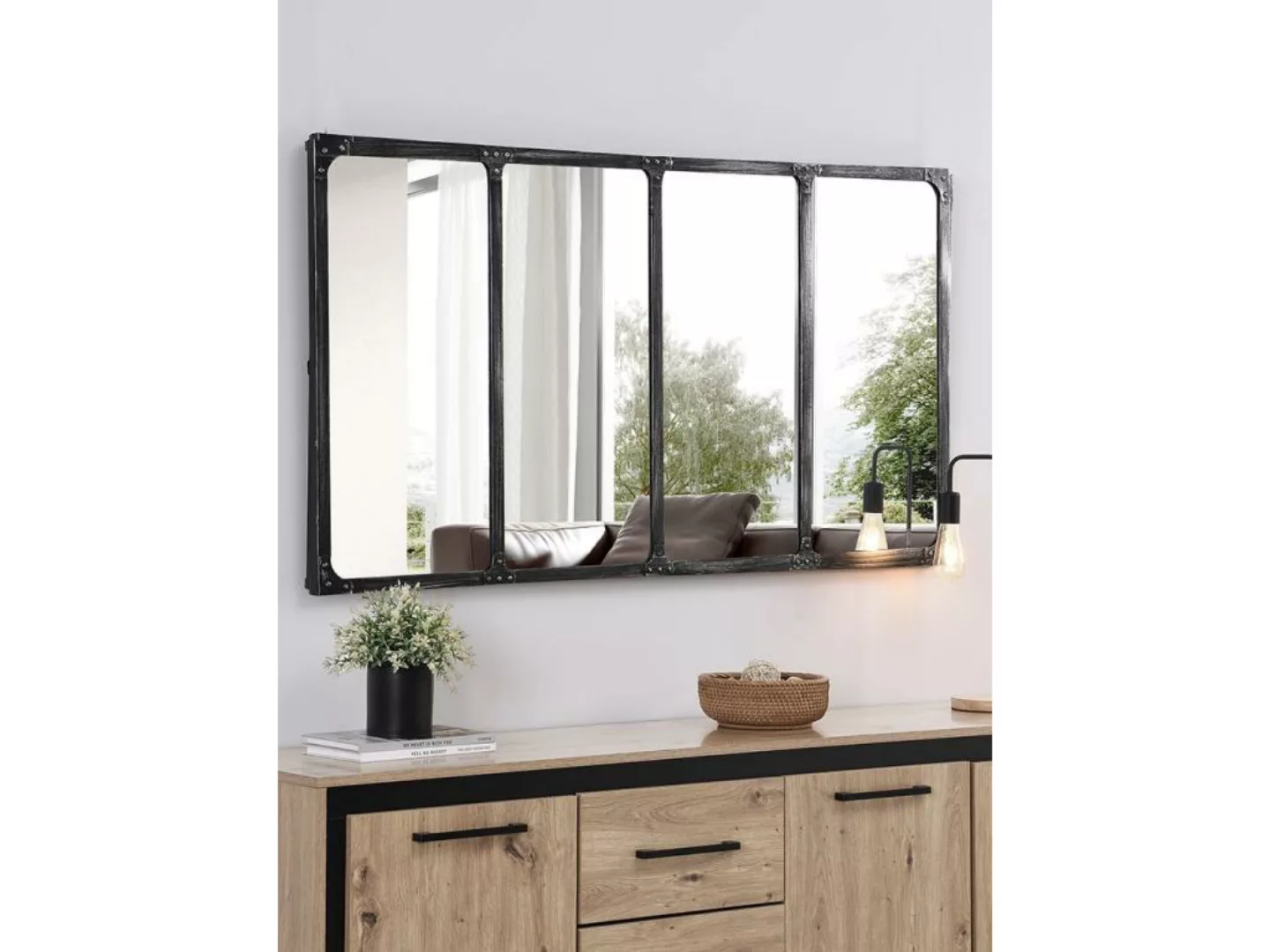 Spiegel industriell Fenster-Optik - Eisen - 140 x 51 cm - Schwarz - MAASTRI günstig online kaufen