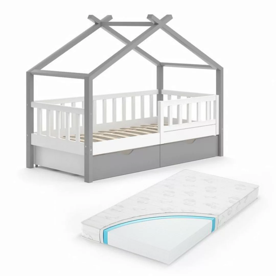 Vicco Kinderbett Hausbett Einzelbett 80x160cm DESIGN Grau Weiß Matratze günstig online kaufen