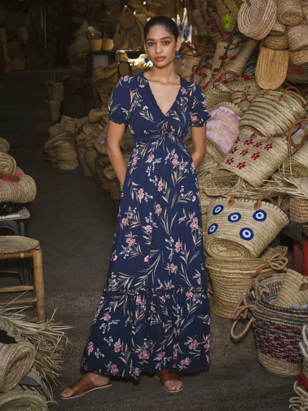 Apricot Sommerkleid mit floralem Muster, gesmokt günstig online kaufen