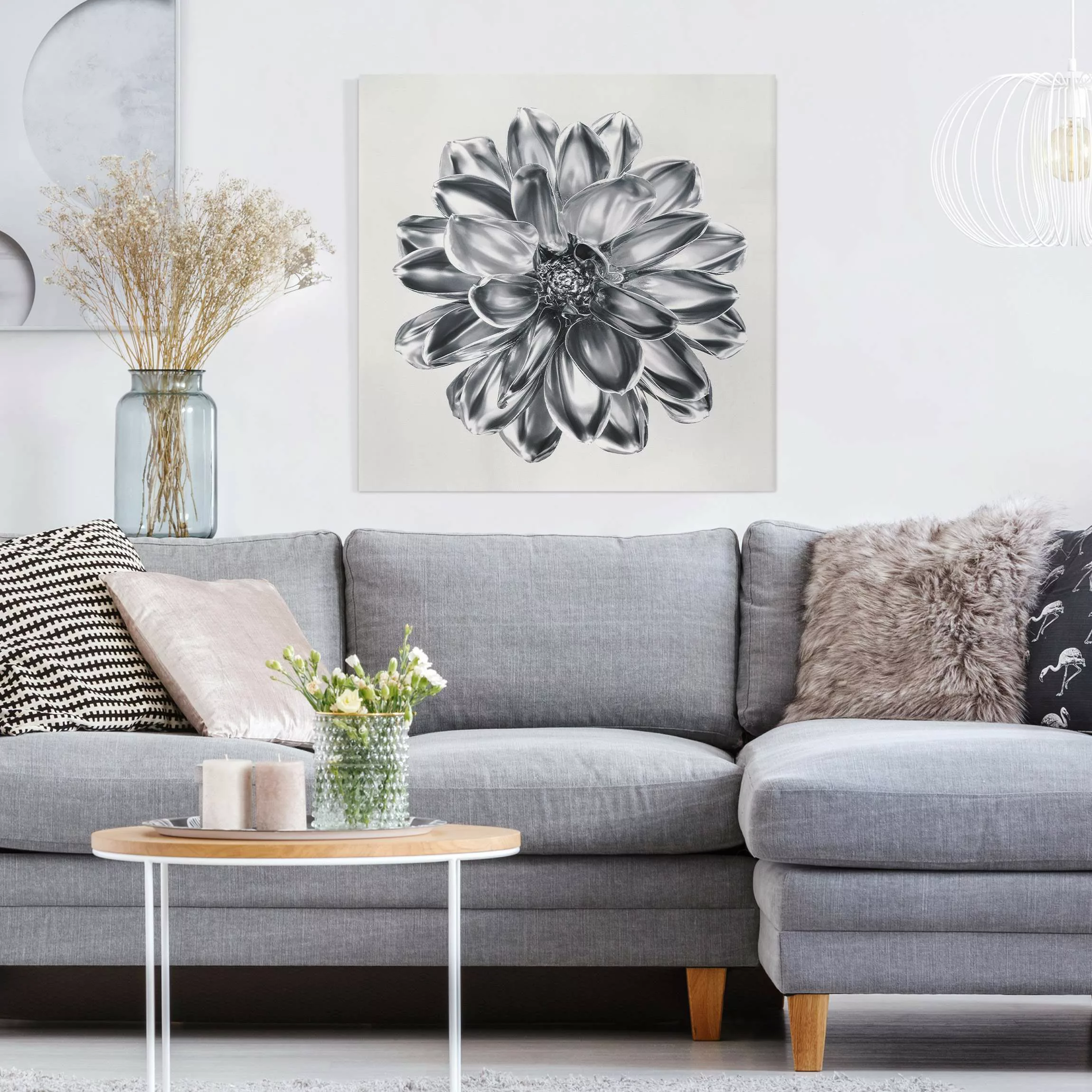 Leinwandbild Dahlie Blume Silber Metallic günstig online kaufen