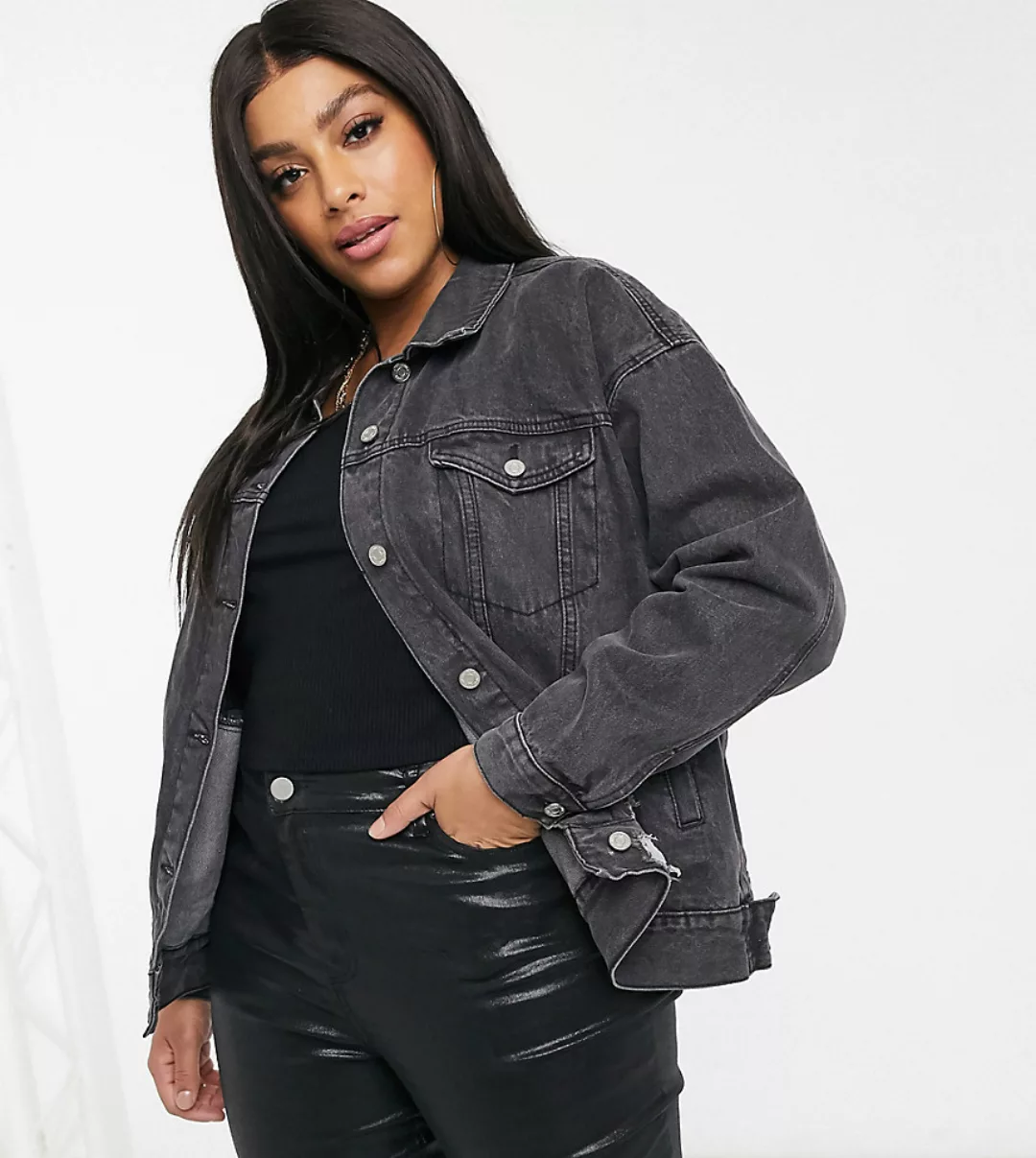 Missguided Plus – Übergroße Denimjacke mit Rissen in verwaschenem Schwarz günstig online kaufen