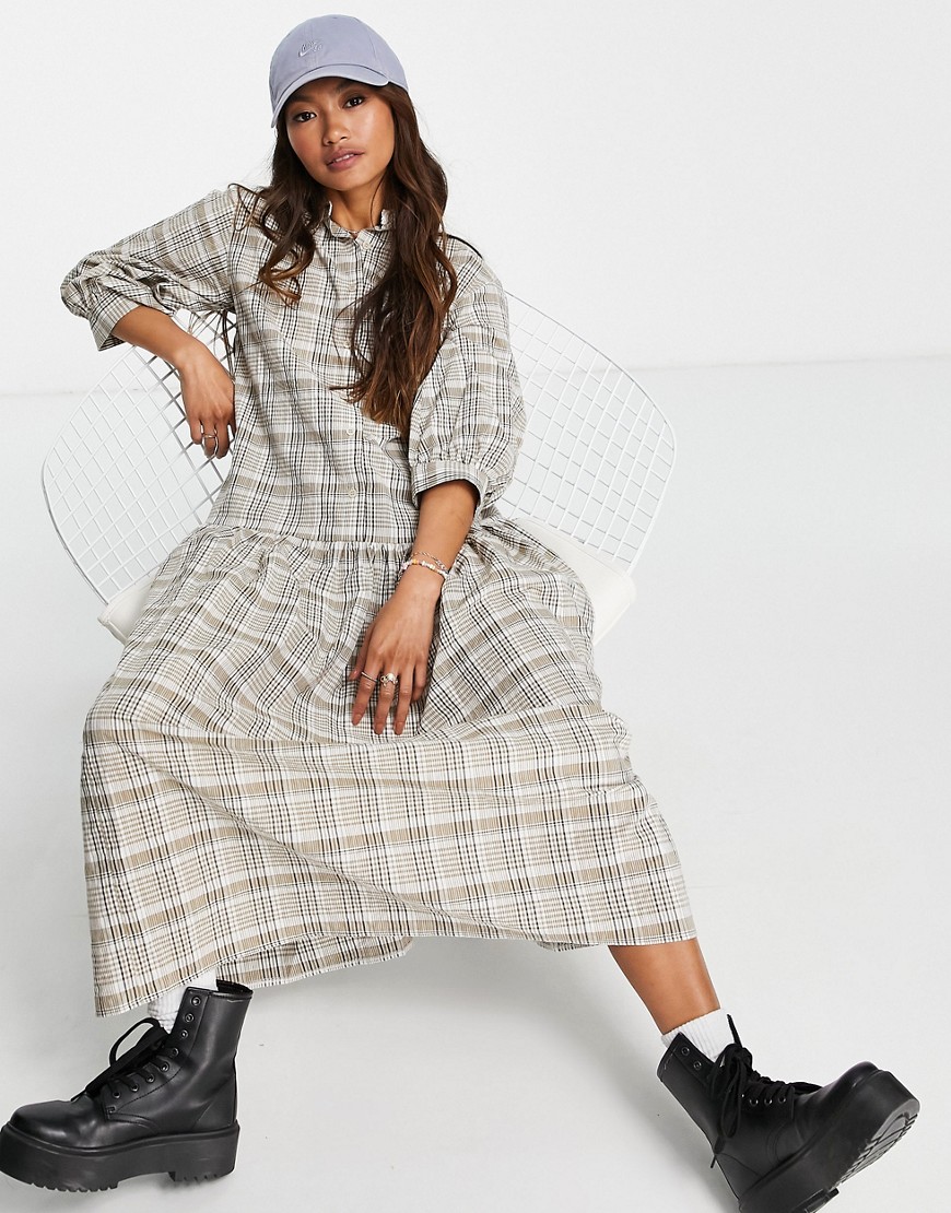 ASOS DESIGN – Midi-Hängerkleid mit Hemdkragen und Knopfleiste vorne in Brau günstig online kaufen