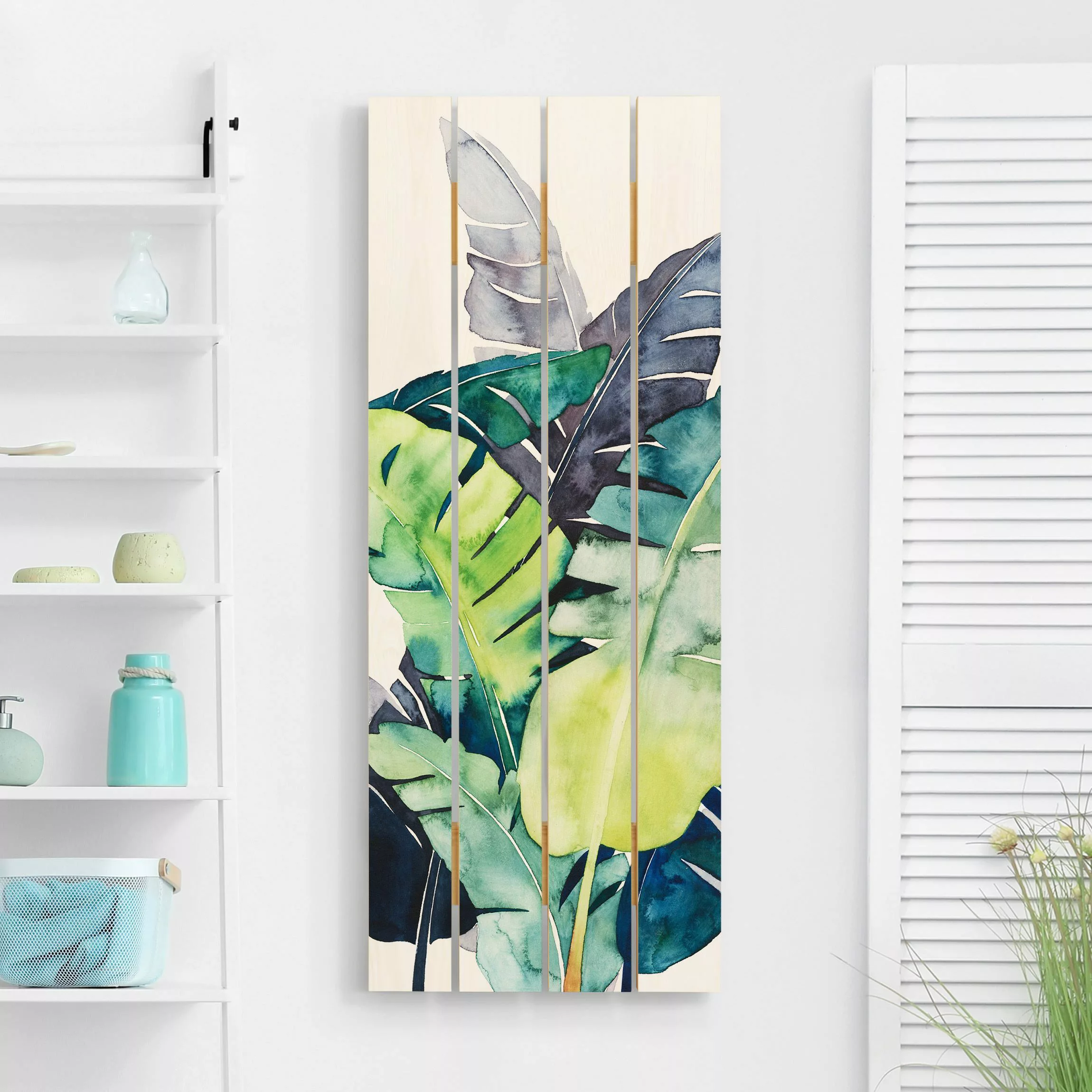 Holzbild Plankenoptik Blumen - Hochformat Exotisches Blattwerk - Banane günstig online kaufen