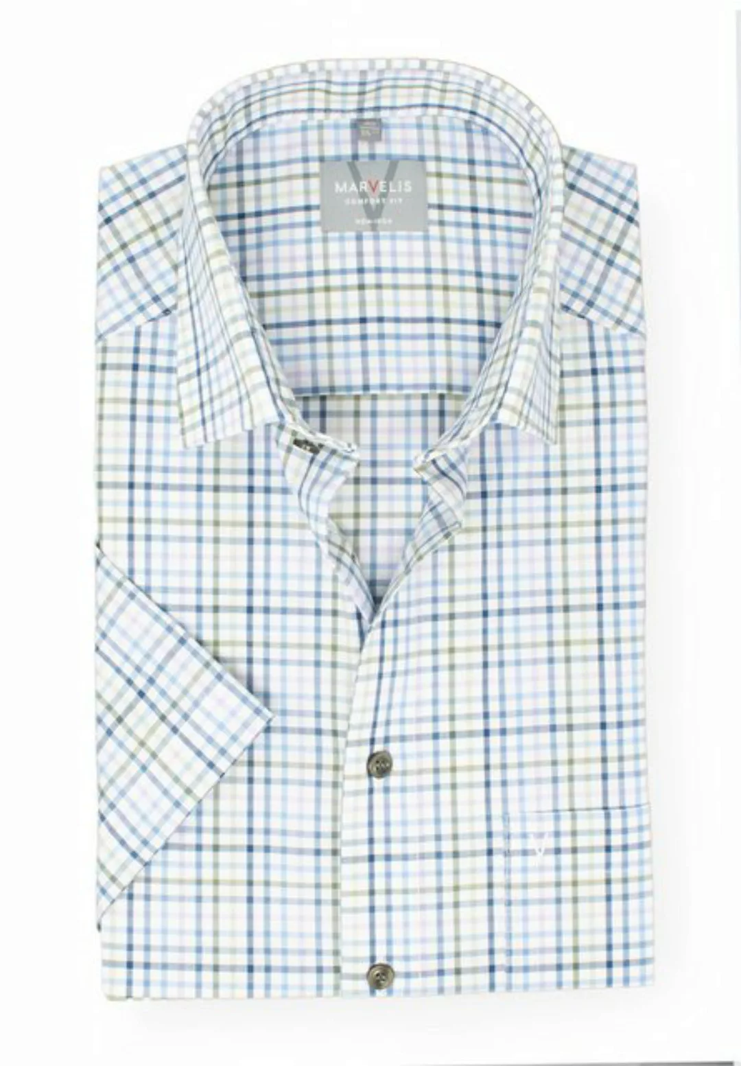 MARVELIS Kurzarmhemd Kurzarmhemd - Comfort Fit - Kariert - Olive/Blau günstig online kaufen