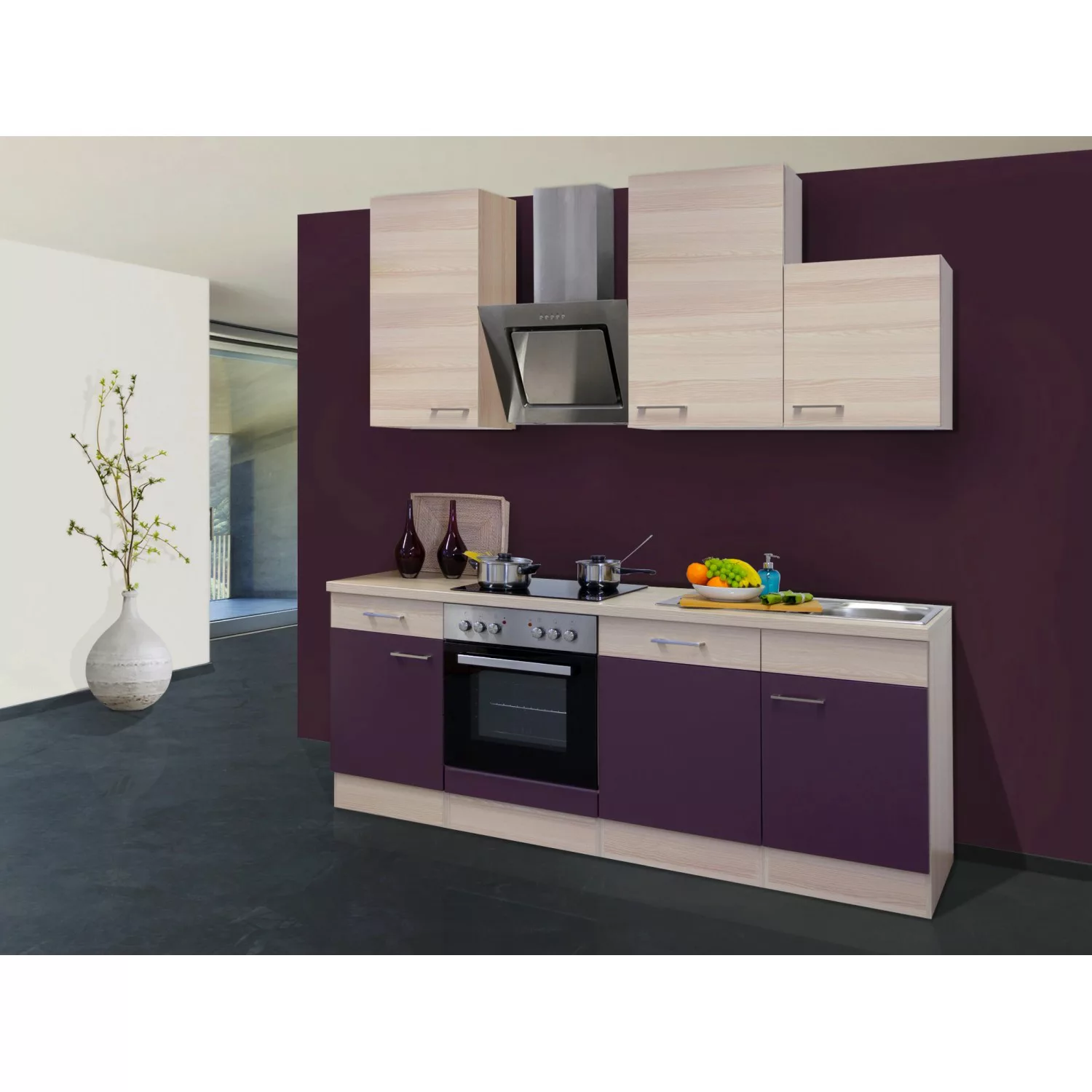 Flex-Well Exclusiv Küchenzeile Focus 220 cm Akazie-Aubergine günstig online kaufen